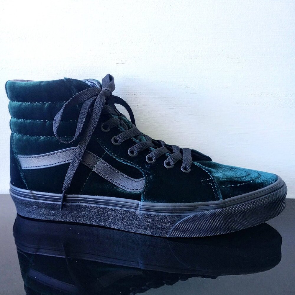 Vans Women's Sk8-Hi Velvet Hi Top Sneaker in Cool & Unique Green / Black